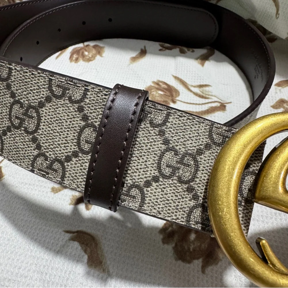 Gucci Brown GG Supreme Canvas Belt with Gold Double G Buckle